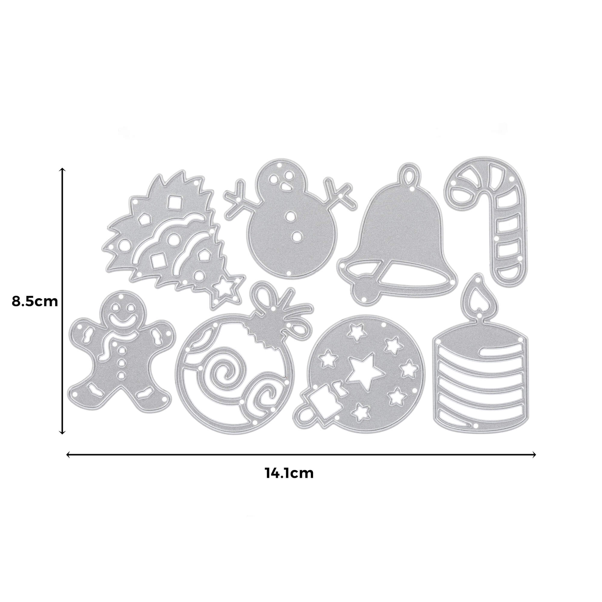 Das Stanzenshop.de Stanzschablone Set mit acht Weihnachtsmotiven enthält Motive wie Lebkuchenmann, Baum, Schneemann, Glocke und mehr - ideal für Weihnachtsbasteleien! Größe: 8,5 x 14,1 cm.