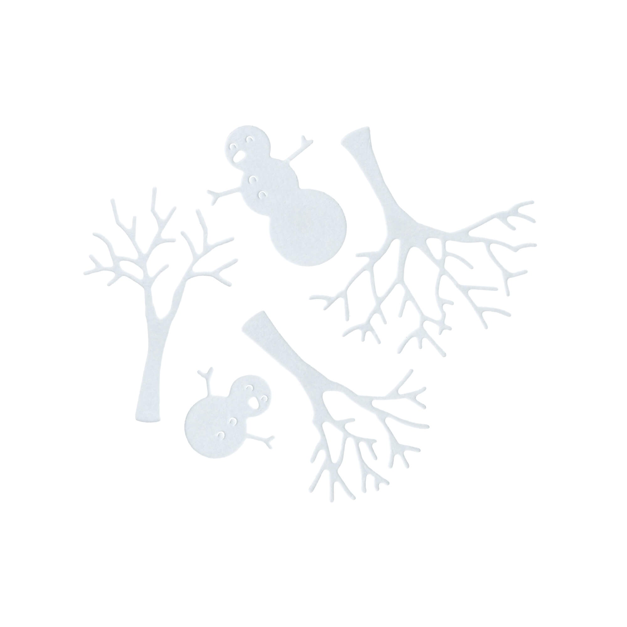 Die Stanzschablone Schneemänner und Bäume von Stanzenshop.de zeigt weiße Papierausschnitte von zwei Schneemännern und zwei blattlosen Bäumen - ideal zum Basteln von Winterprojekten oder zum Aufwerten Ihrer Scrapbooking-Kreationen.