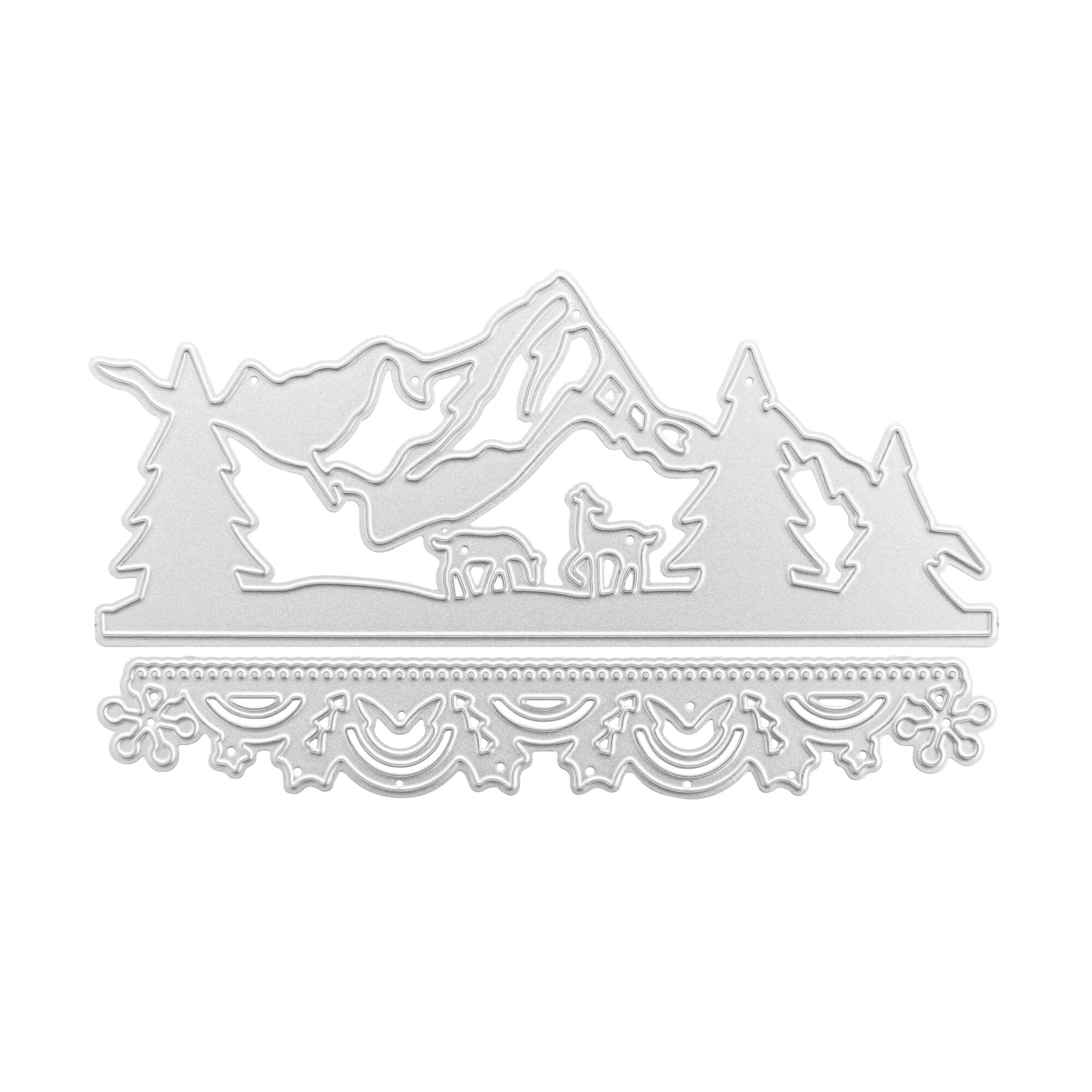 Die Stanzschablone Berge im Schnee von Stanzenshop.de zeigt ein silbernes Stanzmotiv mit Bergen, Bäumen, Hirschen und einer verzierten Umrandung - ideal zum Stanzen von Basteln und zum Veredeln Ihrer Kreationen mit charmanten Wintermotiven.