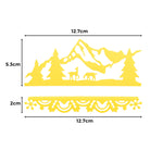 Stanzschablone Berge im Schnee von Stanzenshop.de: gelbe Ausschnitte (5,3 x 12,7 cm, Berg-/Hirsch-/Baumszene) und Spitzenbordüre (2 x 12,7 cm), ideal für festliche Wintermotive in Stanzen Basteln oder Weihnachtsbasteln; Größen mit schwarzen Pfeilen dargestellt.