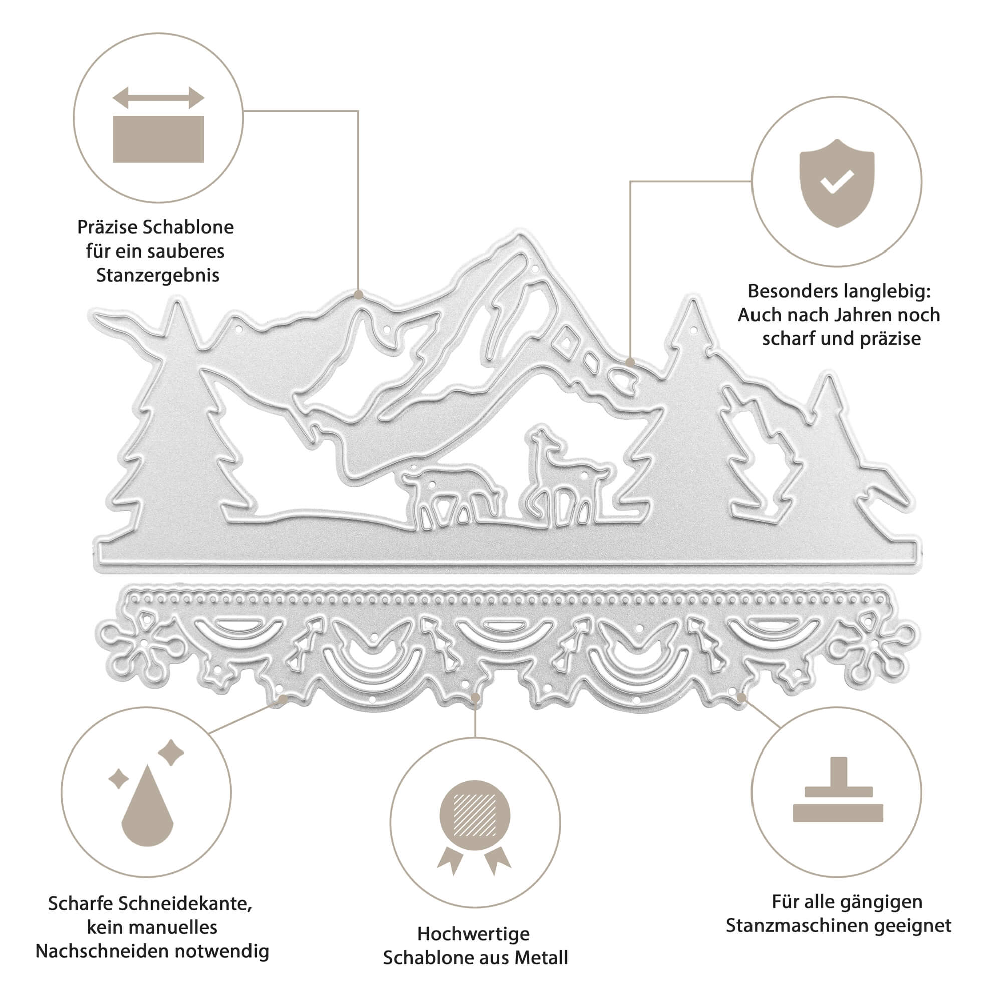 Die "Stanzschablone Berge im Schnee" von Stanzenshop.de zeichnet sich durch einen scharfen, haltbaren Silberstempel mit präzisem Berg- und Waldmotiv aus - ideal für winterliche Bastelarbeiten oder weihnachtliche Stanzen Basteln.