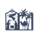 Eine Scherenschnitt-Krippenszene mit Engel, Maria, Josef, Jesuskind in der Krippe, Palmen und Kamel - ideal zum Basteln oder als Laterne mit Krippenszene mit der Stanzschablone Krippenlaterne von Stanzenshop.de.