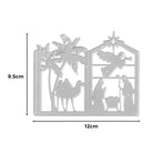 Die Stanzschablone Krippenlaterne von Stanzenshop.de ist eine silberne Stanzform mit Maria, Josef, Jesuskind, Engel, Kamel und Palmen - perfekt für festliche Bastelarbeiten. Abmessungen: 9,5 cm x 12 cm.