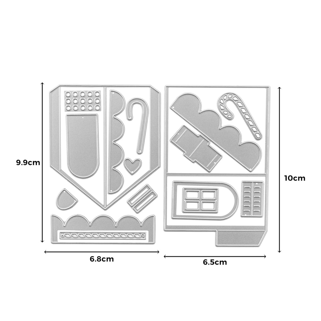 Zwei rechteckige Bleche mit Ausstechformen aus Metall mit verschiedenen weihnachtlichen Motiven, darunter Zuckerstange, Strumpf und Fenster. Die Maße betragen 9,9 cm x 6,8 cm und 10 cm x 6,5 cm. Die Stanzschablone Knusperhaus von Stanzenshop.de ist perfekt für Weihnachtsstanzen und mit den meisten Stanzschablonenmaschinen kompatibel.
