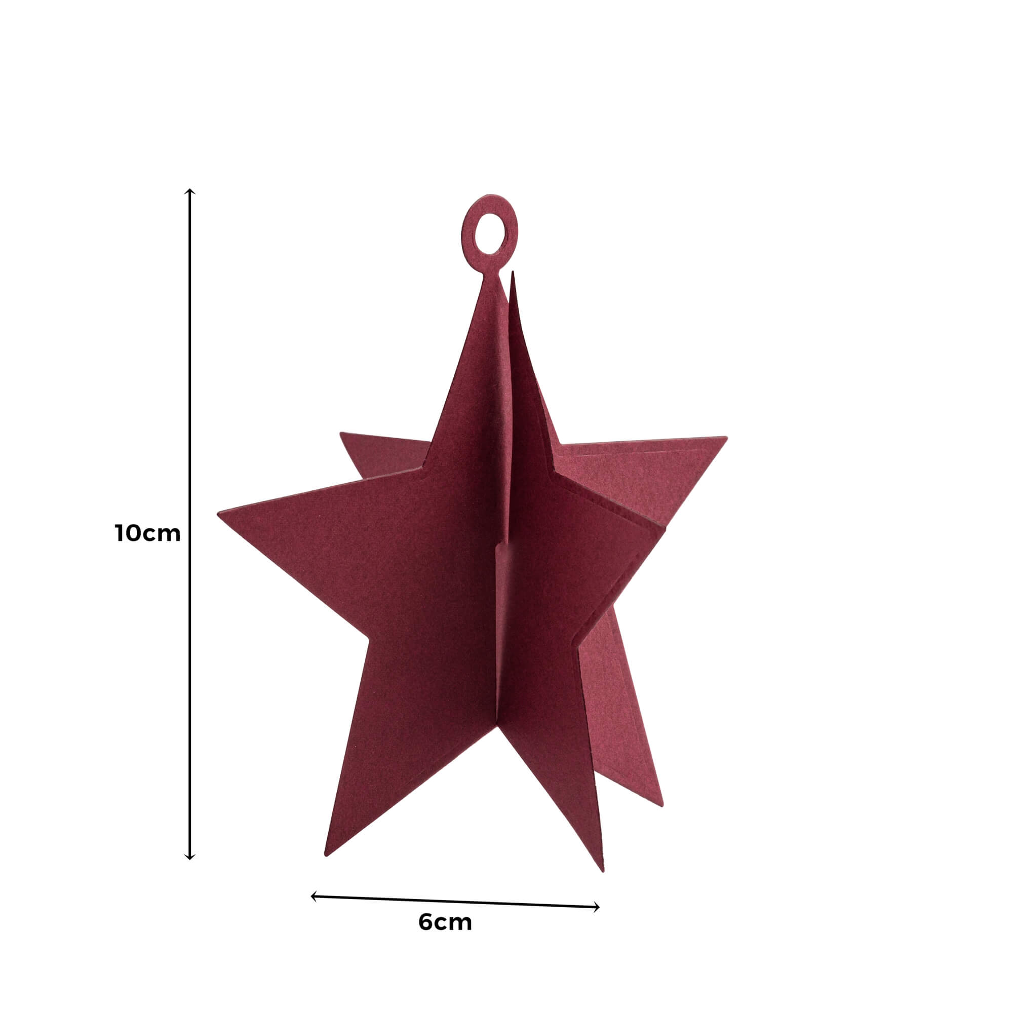Die Stanzschablone 3D Stern von Stanzenshop.de ist ein weinroter 3D Papierstern (10x6 cm) mit Aufhängeschlaufe, abgebildet auf weiß mit Bemaßungslinien - perfekt für Basteln Winter oder Weihnachten.