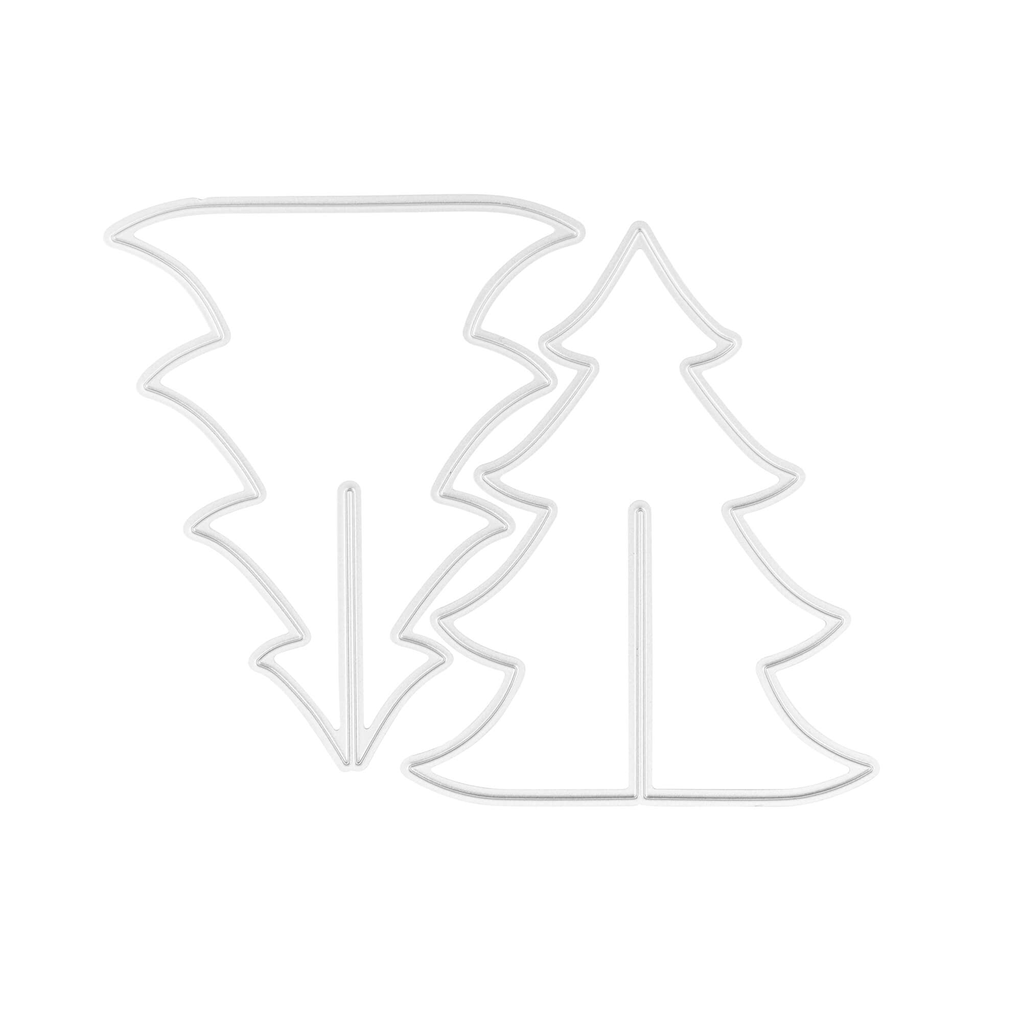 Zwei silberne Drahtgestelle in Form von stilisierten Weihnachtsbäumen auf weißem Hintergrund - ideal für winterliche Bastelarbeiten oder festliche Dekorationen mit der Stanzschablone 3D Tannenbaum von Stanzenshop.de.