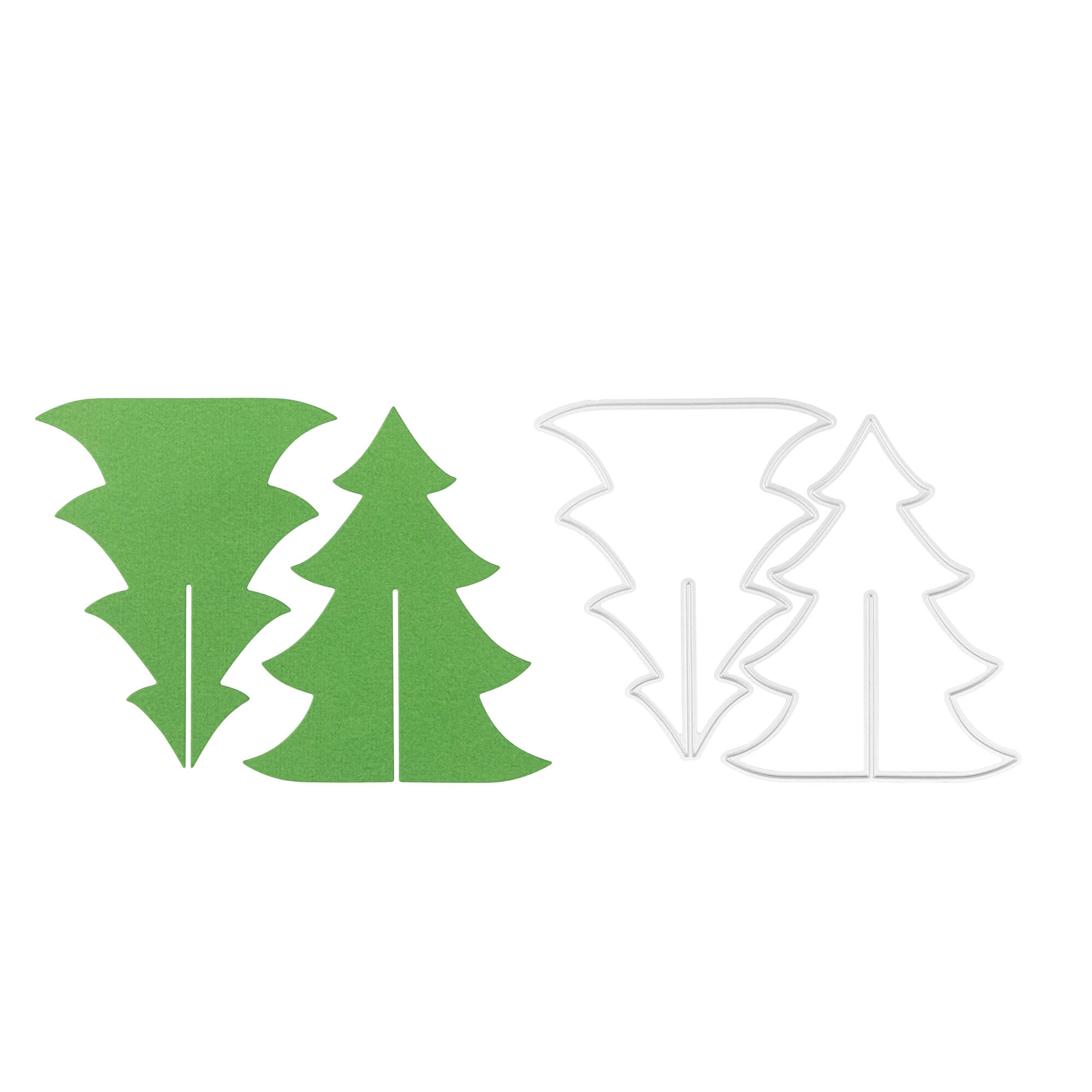 Die "Stanzschablone 3D Tannenbaum" von Stanzenshop.de enthält zwei grüne Papierausschnitte und zwei weiße Metallbaumumrisse mit Mittelschlitzen zum einfachen Zusammenstecken - ideal zum Winterbasteln oder als Tannenbaumstanze.