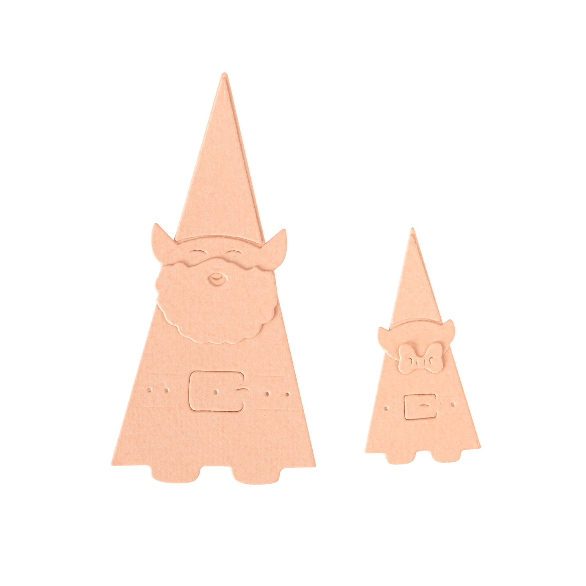 Zwei flache, pfirsichfarbene, dreieckige Ausschnitte - ein großer Nikolaus und ein kleiner Wichtel - von Stanzenshop.de, ideal für Bastelset Nikolaus oder Wintermotive Basteln. Produkt: Stanzschablone Nikolaus und Wichtel.