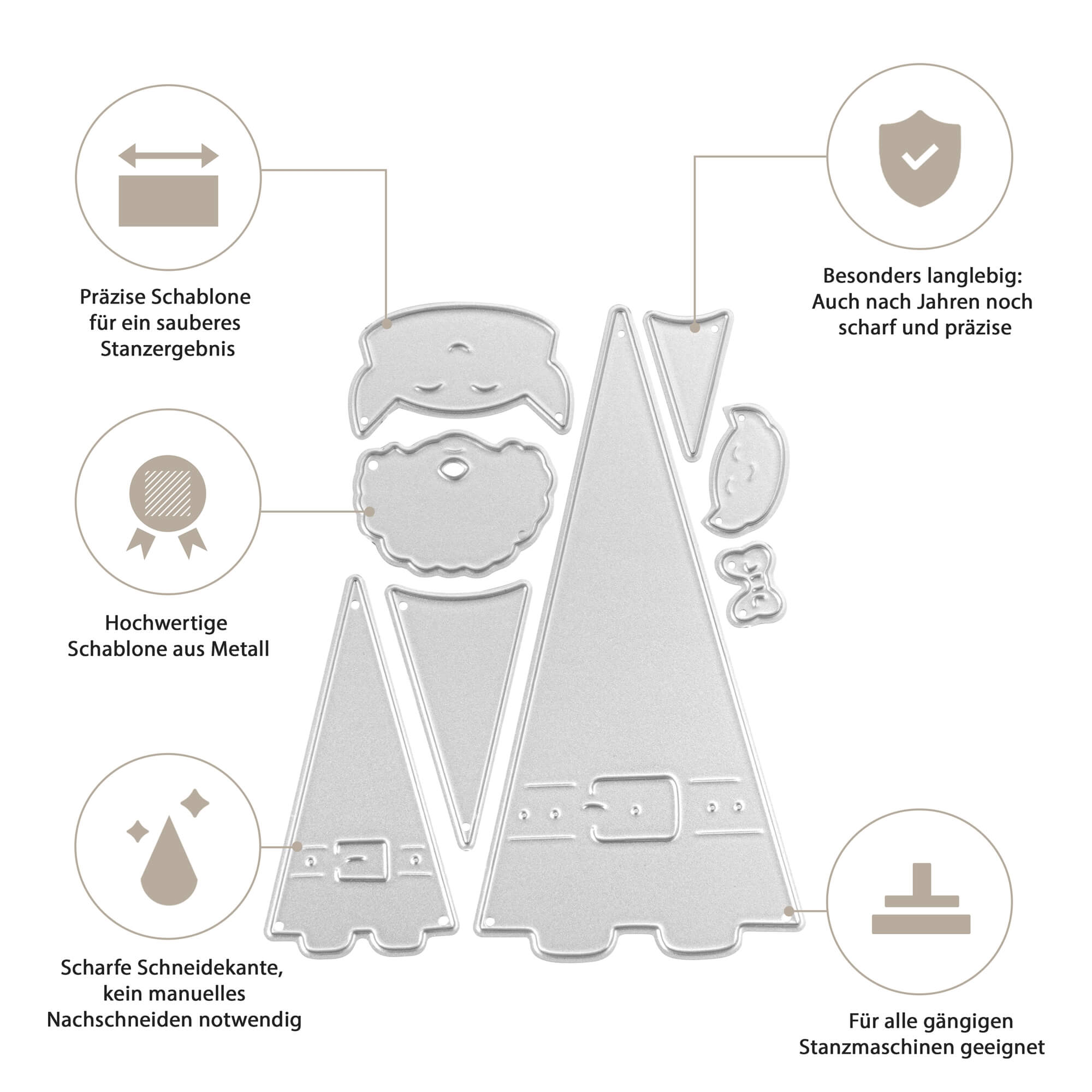 Die Stanzschablone Nikolaus und Wichtel von Stanzenshop.de bietet scharfe, hochwertige Metallstanzungen in Nikolaus- und Wichtelform - ideal für das Bastelset Nikolaus - voll kompatibel mit handelsüblichen Maschinen für präzises deutsches Basteln.