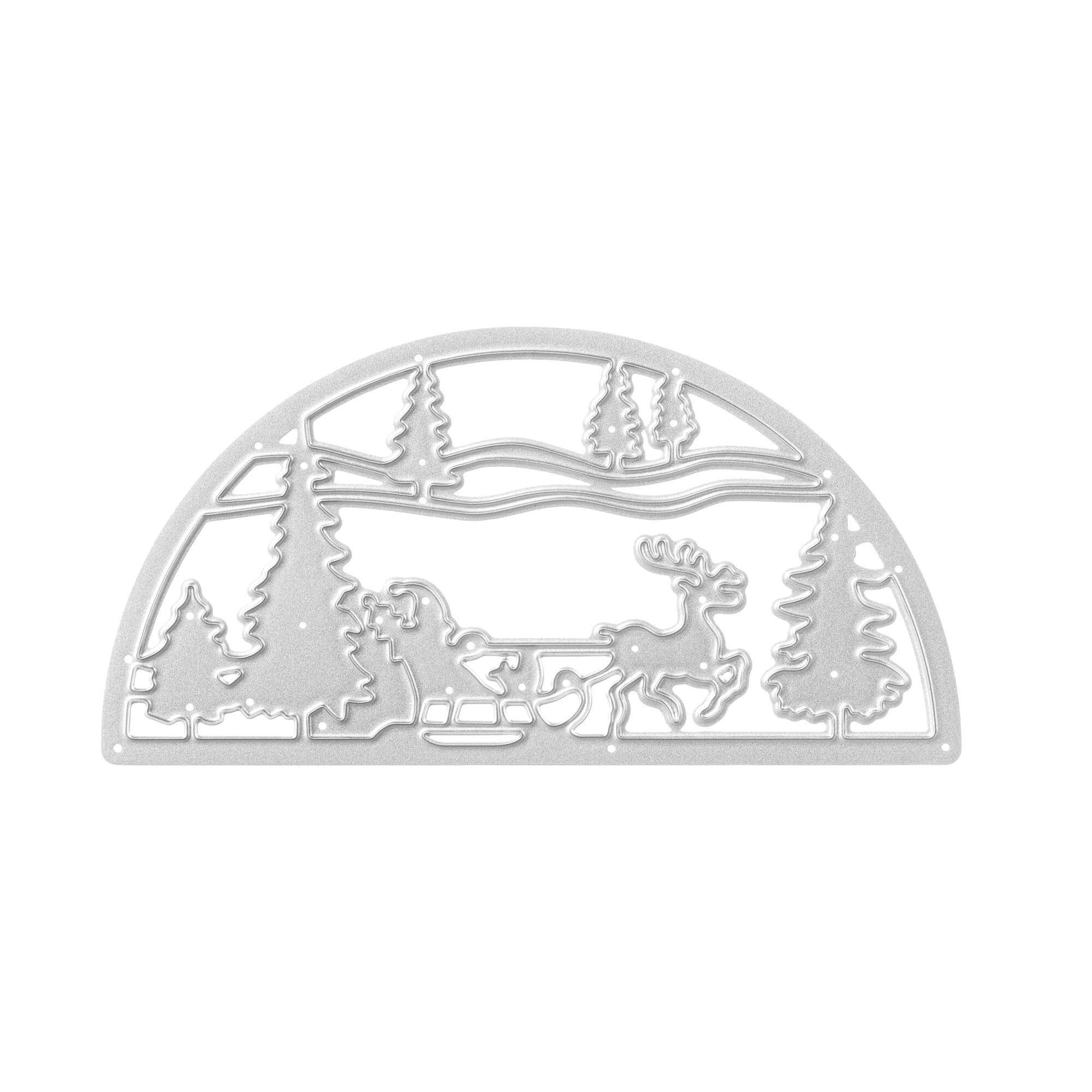 Die Stanze "Stanzschablone Schlitten im Halbkreis" von Stanzenshop.de zeigt eine Winterszene mit Pferdeschlitten, Bäumen und Hügeln - perfekt für Bastel-Winterprojekte.