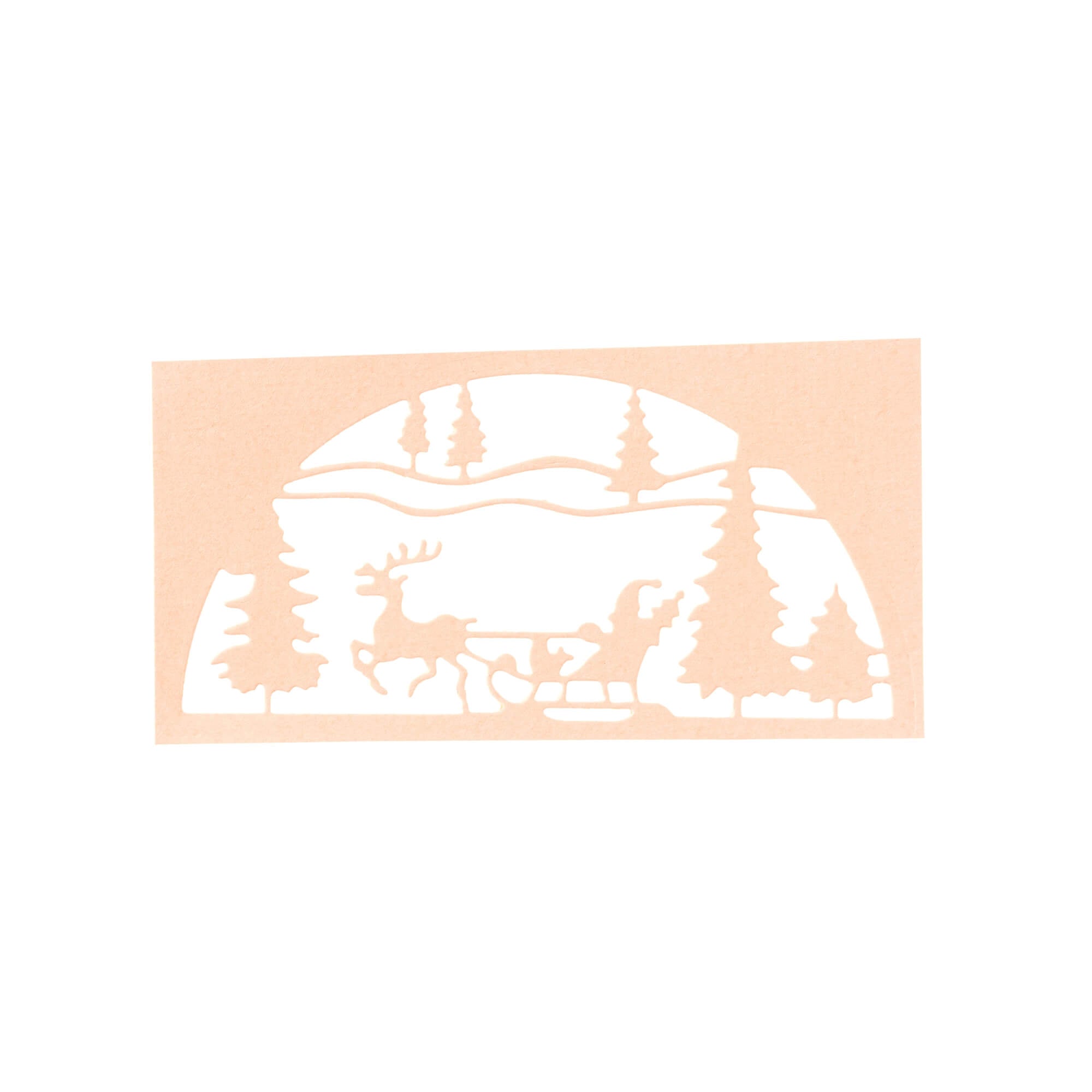 Die Stanzschablone Schlitten im Halbkreis von Stanzenshop.de stellt eine bezaubernde Winterszene mit dem Weihnachtsmann im Schlitten, Tannenbäumen und verschneiten Hügeln dar - ideal zum Basteln im Winter oder für festliche Weihnachts-DIY-Projekte.