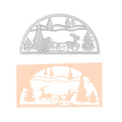 Die Stanzschablone Schlitten im Halbkreis von Stanzenshop.de und der dazugehörige Scherenschnitt zeigen einen Schlitten mit Rentier in winterlichen Bäumen - ideal für Basteln Winter Projekte.