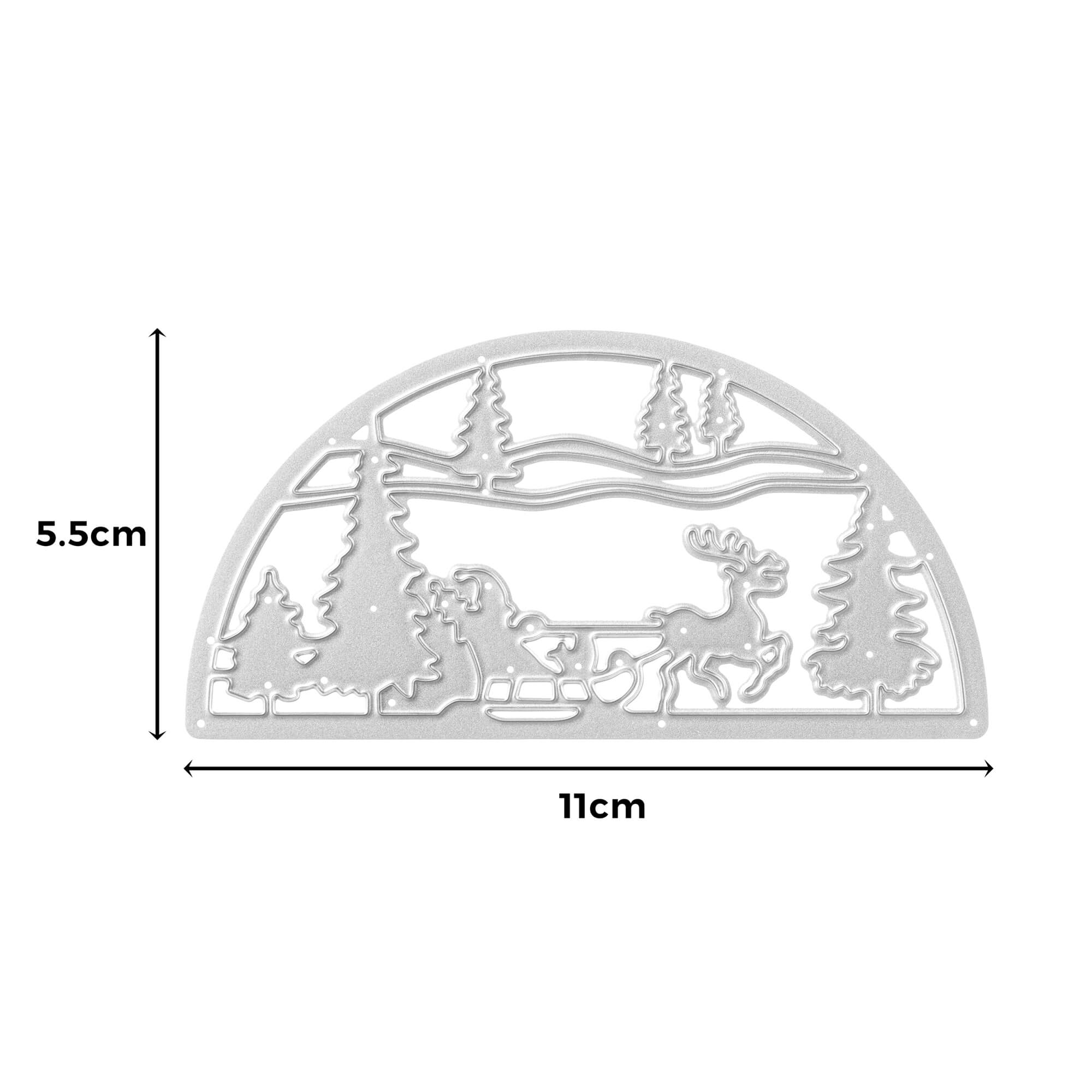Die Stanzschablone Schlitten im Halbkreis von Stanzenshop.de zeigt Santa im Schlitten mit Rentier und Bäumen - ideal für Winterbasteleien. Maße: 5,5 cm hoch, 11 cm breit.