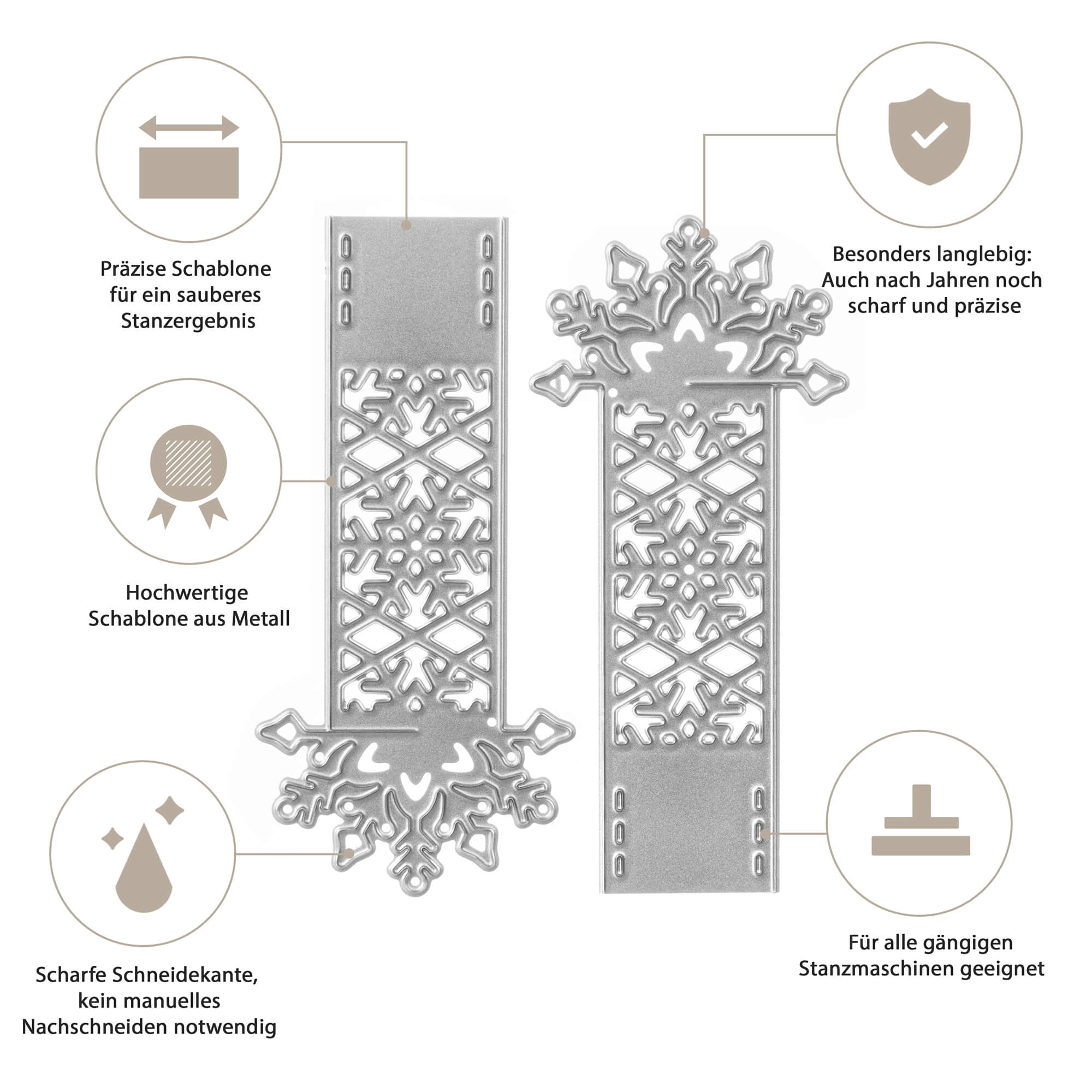 Zwei Stanzschablonen Schneeflockenband von Stanzenshop.de mit Schneeflockenmotiven sind abgebildet, die sich durch präzise, langlebige, scharfe Metallqualität und Kompatibilität mit Stanzmaschinen auszeichnen - ideal für Basteln Winterprojekte.