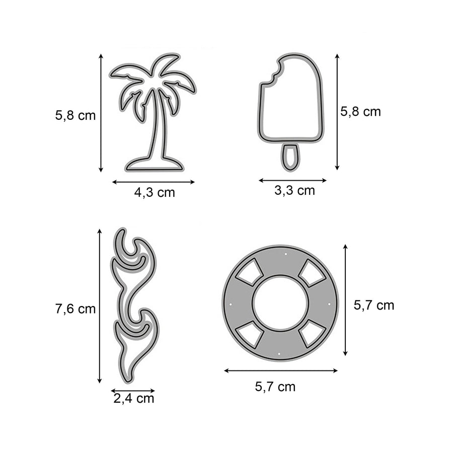 Größenangabe für Stanzschablone Sommer-Set mit Palme, Eis, Welle und Palme