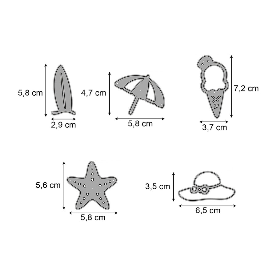 Größenangabe für Stanzschablone Sommer-Set mit Strandutensilien und Eis am Stiel