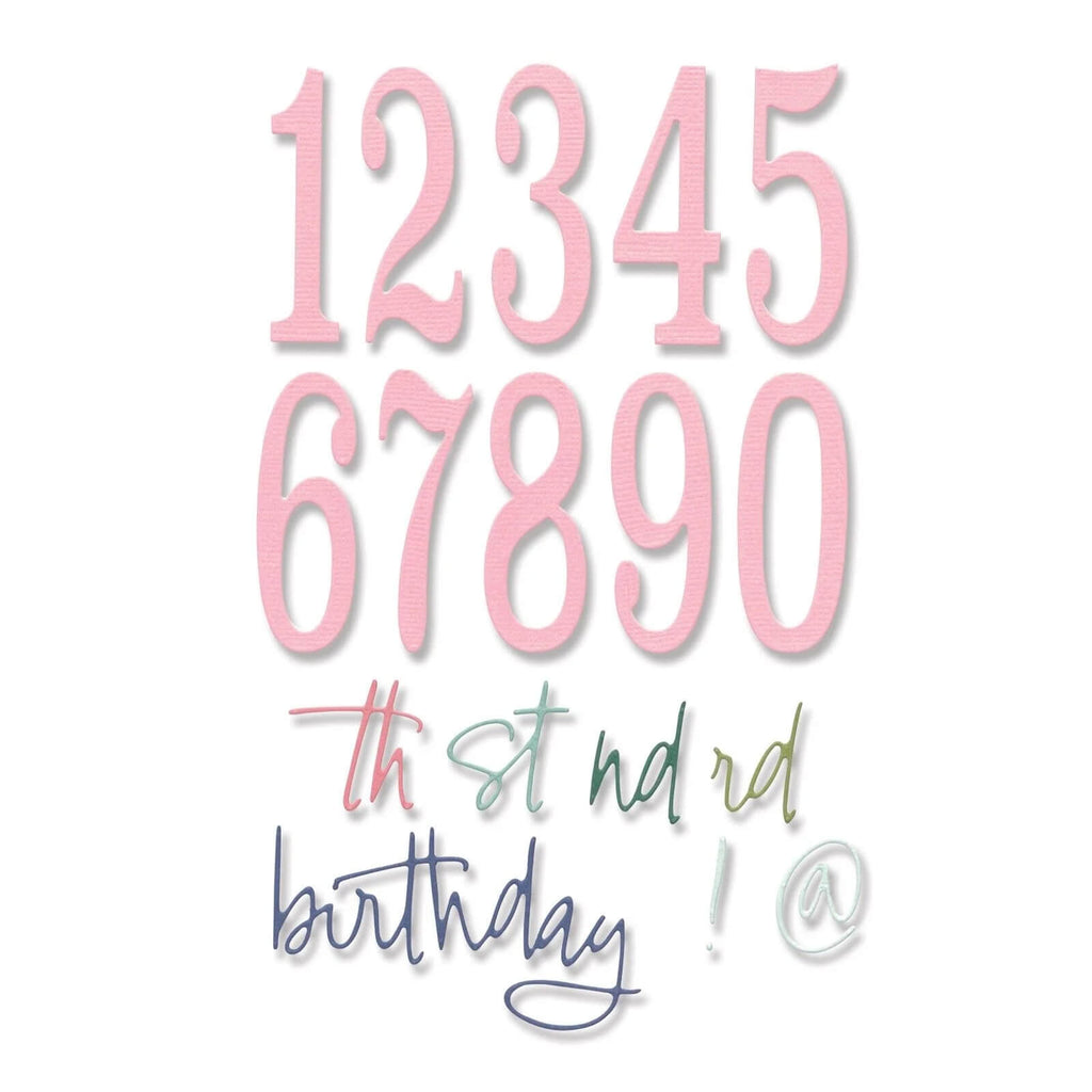 Ein Satz Sizzix • Thinlits Die Set Fabulous Birthday Numbers von Debi Potter mit einem rosa Hintergrund, perfekt für Geburtstagsfeiern.