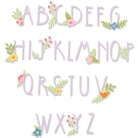 Die Sizzix 666236 - Thinlits Floral Alphabet von Alexis Trimble zeigt hellviolette Großbuchstaben, die mit bunten Blumen und grünen Blättern verziert sind - ideal für die Kartengestaltung oder Sizzix-Projekte.