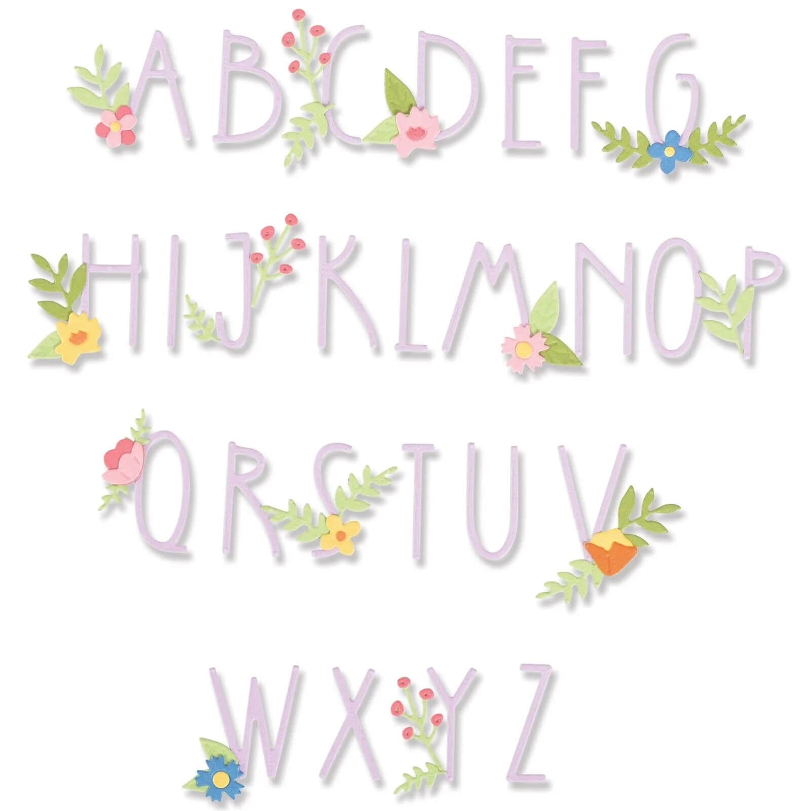 Die Sizzix 666236 - Thinlits Floral Alphabet von Alexis Trimble zeigt hellviolette Großbuchstaben, die mit bunten Blumen und grünen Blättern verziert sind - ideal für die Kartengestaltung oder Sizzix-Projekte.