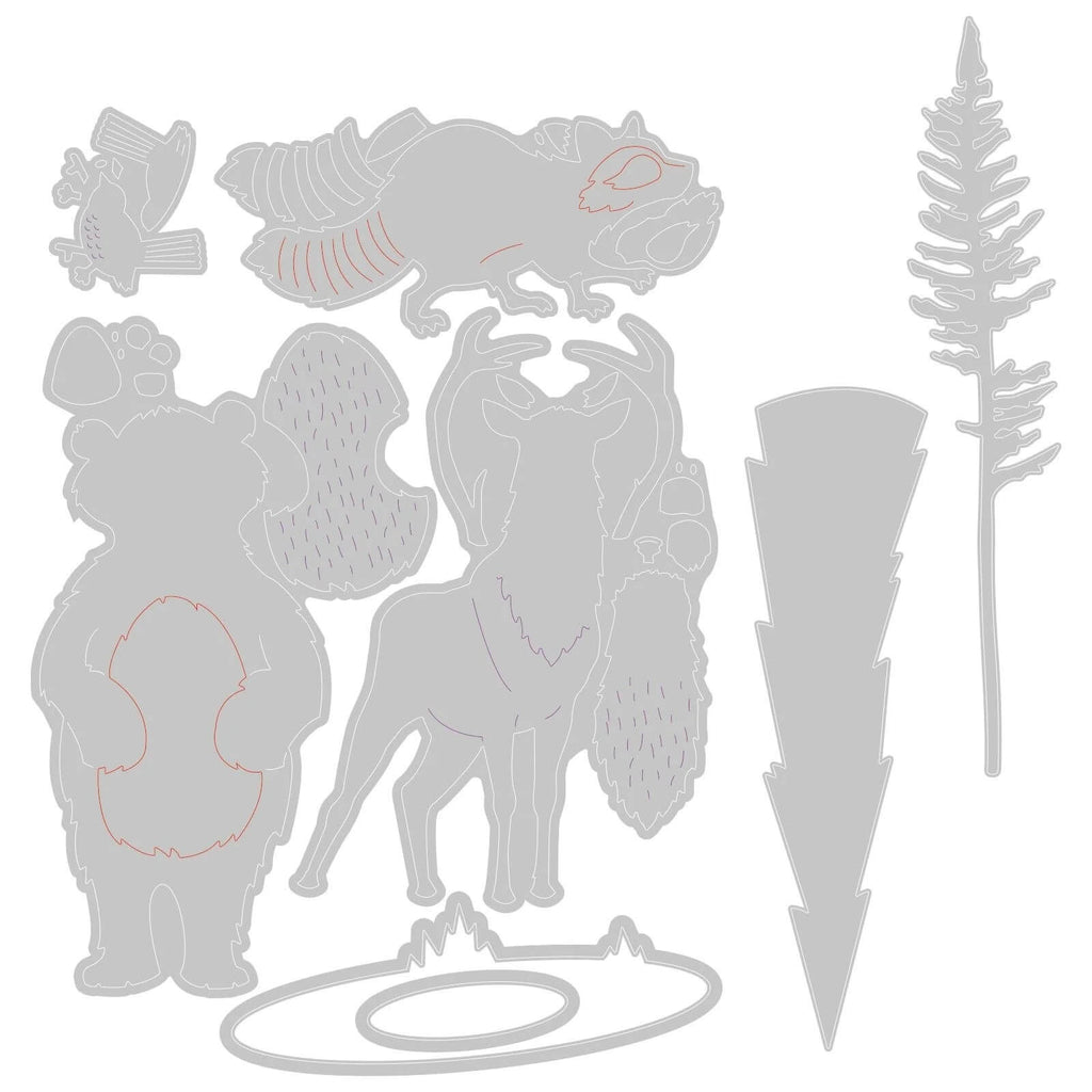 Ein Satz Sizzix Thinlits Die Set Forest Animals #2 mit Silhouetten von Waldtieren in der Natur.
