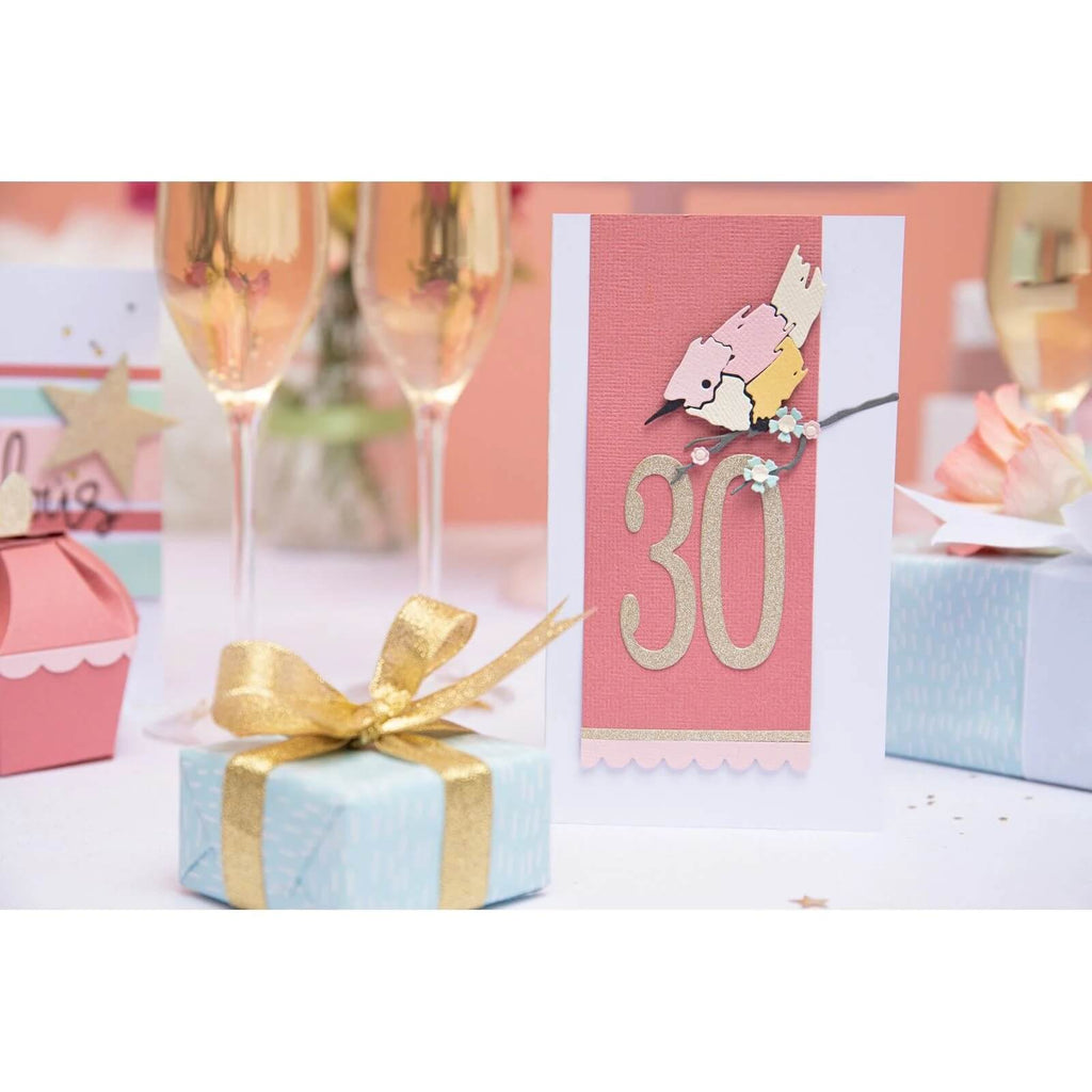 Eine Geburtstagskarte zum 30. liegt auf einem Tisch mit eingepackten Geschenken, zwei Champagnergläsern und dekorativen Elementen im Hintergrund. Das aufwendige Design der Karte, das mit dem Sizzix Thinlits Die Set Fabulous Birthday Numbers von Debi Potter von Sizzix erstellt wurde, verleiht ihr eine charmante Note, die perfekt zum Feiern von Geburtstagen und Jubiläen ist.