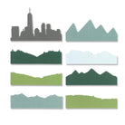 Acht grafische Silhouetten in Grün, Grau und Blau stellen Skylines, Berge, Hügel und Wolken dar - perfekt für Scrapbooking oder die Verwendung mit den Sizzix 666248 Thinlits Skyline Silhouettes von Josh Griffiths.