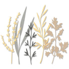Sizzix 666254 - Die Thinlits Woodland Stems von Olivia Rose zeigen fünf botanische Stängel in gedämpftem Gelb, Grau, Beige und Schwarz - ideal für Cardmaking oder Scrapbooking - nebeneinander auf weißem Hintergrund.