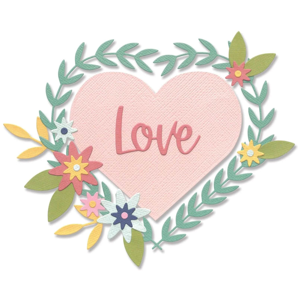 Ein rosa Herz mit Blumen und dem Wort Liebe, mit dem Sizzix Thinlits Stanzformen-Set „Hello Love“ von Lisa Jones.