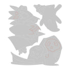 Umrissene Halloween-Motive - eine Fledermaus, ein Vampir (roter Mund), ein Totenkopf im Mantel mit Sense (rote Rippen) und ein Monstergesicht - aus dem Set Sizzix 666315 - Thinlits with Stamps Spooky Friends von Sizzix. Ideal zum Basteln oder zur Verwendung mit den Thinlits Stanzen!.