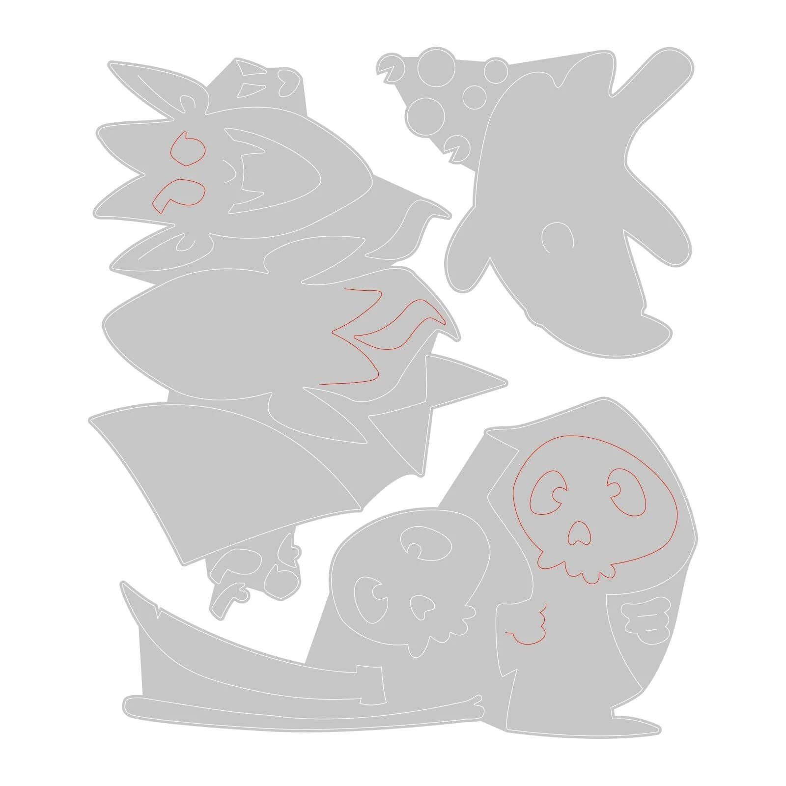 Umrissene Halloween-Motive - eine Fledermaus, ein Vampir (roter Mund), ein Totenkopf im Mantel mit Sense (rote Rippen) und ein Monstergesicht - aus dem Set Sizzix 666315 - Thinlits with Stamps Spooky Friends von Sizzix. Ideal zum Basteln oder zur Verwendung mit den Thinlits Stanzen!.