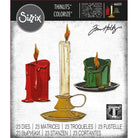 Die Sizzix 666331 Thinlits Stanzschablonen Candleshop Colorize von Sizzix zeigen drei farbenfrohe, illustrierte Kerzen - ideal für Weihnachtsbasteleien und festliche Projekte. Das Set enthält 23 Stanzformen für kreative Vielseitigkeit.