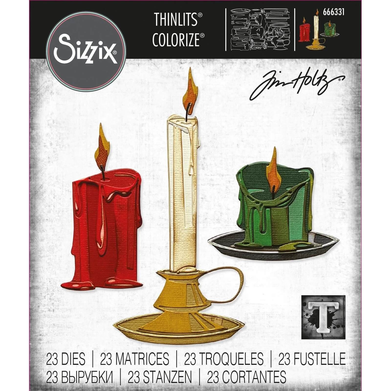 Die Sizzix 666331 Thinlits Stanzschablonen Candleshop Colorize von Sizzix zeigen drei farbenfrohe, illustrierte Kerzen - ideal für Weihnachtsbasteleien und festliche Projekte. Das Set enthält 23 Stanzformen für kreative Vielseitigkeit.