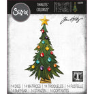 Verpackung für Sizzix 666332 Thinlits Stanzschablonen Trim a Tree Colorize Stanzenset von Sizzix, mit einem geschmückten Weihnachtsbaummotiv und 14 Stanzformen.
