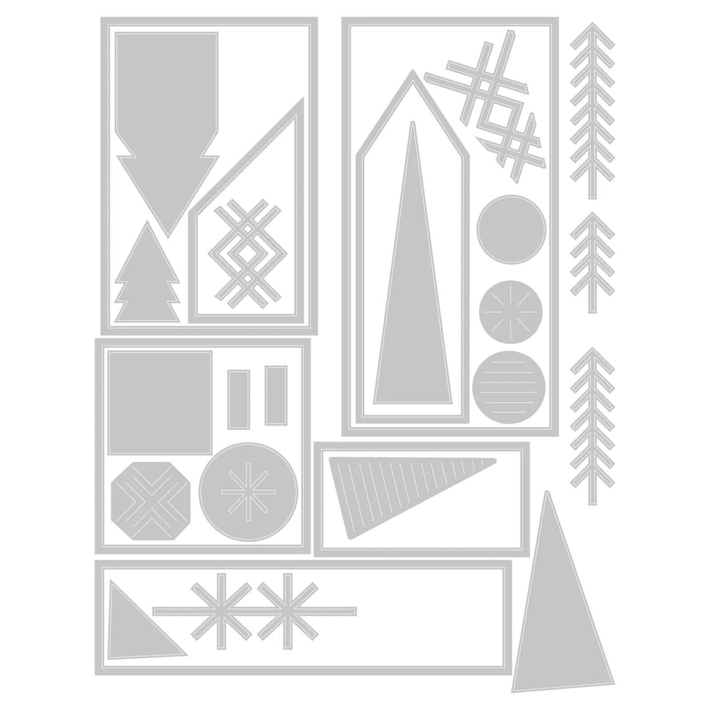 Ein Schwarz-Weiß-Bild einer Schneeflocke und anderer Formen, erstellt mit Sizzix • Thinlits Stanzschablonen Holiday Blocks for Christmas.