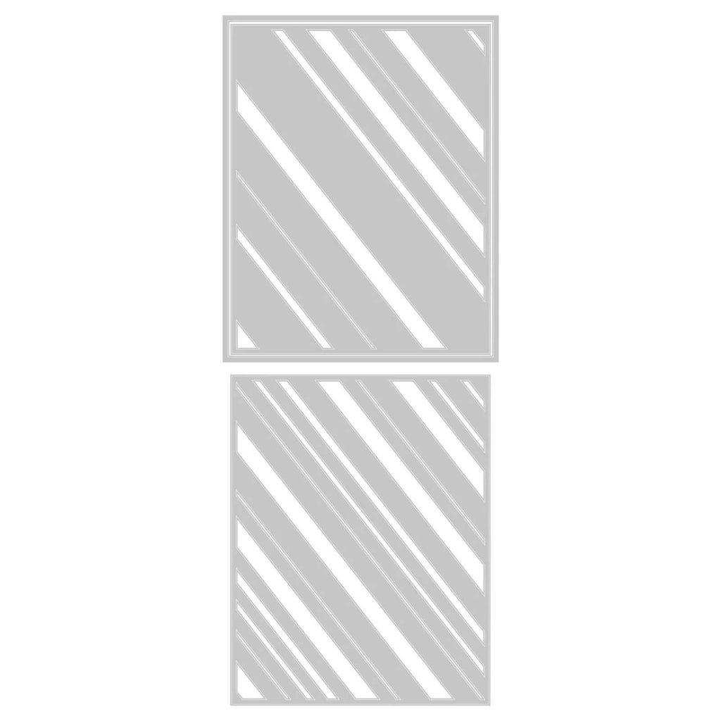 Ein Paar Tim Holtz graue und weiße Sizzix Thinlits Stanzschablonen mit geschichteten Streifen auf weißem Hintergrund.