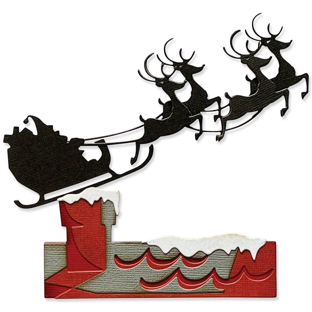 Erstellen Sie mit Sizzix Thinlits Stanzschablonen Rentierschlitten eine festliche Weihnachtsszene, in der der Weihnachtsmann und sein Rentier in einem Schlitten fliegen.
