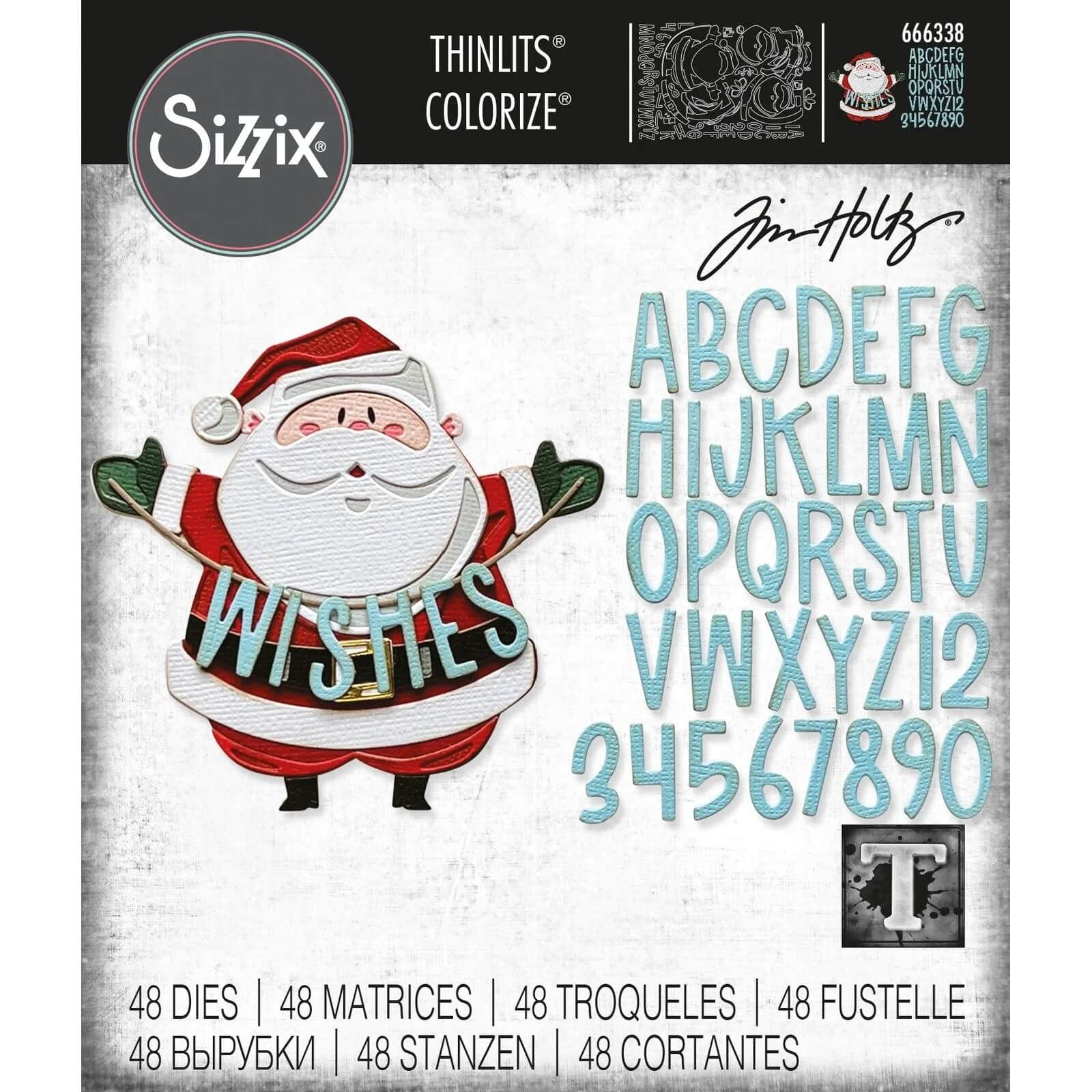 Das Sizzix 666338 Thinlits Stanzschablonen Santa Greetings Colorize Set enthält 48 Stanzformen, um einen festlichen Weihnachtsmann mit "WISHES", Buchstaben und Zahlen zu gestalten - ideal für Weihnachtsbasteleien. Marke: Sizzix.