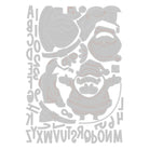 Grau umrandete Ausschneideformen des Weihnachtsmanns, eines Rentiers, von Geschenken und Großbuchstaben - hergestellt mit den Sizzix 666338 Thinlits Stanzschablonen Santa Greetings Colorize - sind auf einer weißen Fläche angeordnet; das Bild ist gespiegelt.