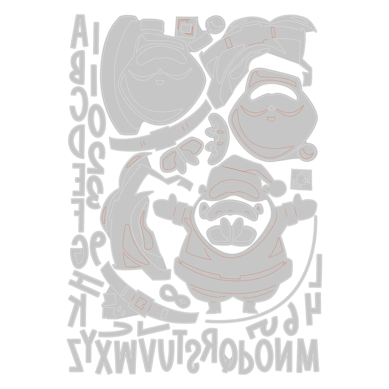 Grau umrandete Ausschneideformen des Weihnachtsmanns, eines Rentiers, von Geschenken und Großbuchstaben - hergestellt mit den Sizzix 666338 Thinlits Stanzschablonen Santa Greetings Colorize - sind auf einer weißen Fläche angeordnet; das Bild ist gespiegelt.