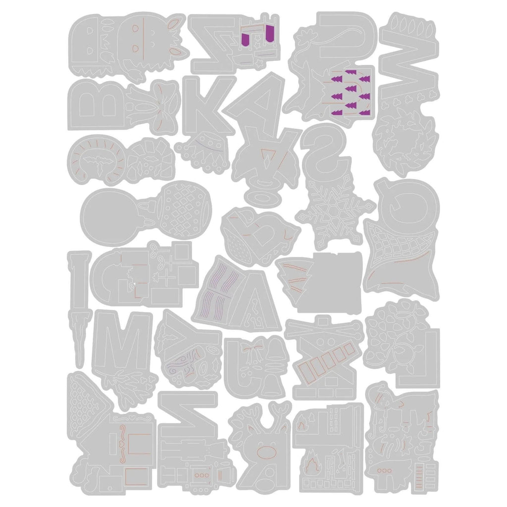 Ein weißes Blatt Papier, verziert mit verschiedenen Formen, perfekt für Jennifer Ogborns Sizzix • Thinlits Die Set Christmas Alphabet-Projekt.