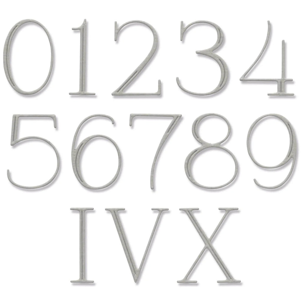 Jennifer Ogborns elegante Kollektion von Sizzix Thinlits Die Elegant Numerals mit Metallzahlen auf weißem Hintergrund.