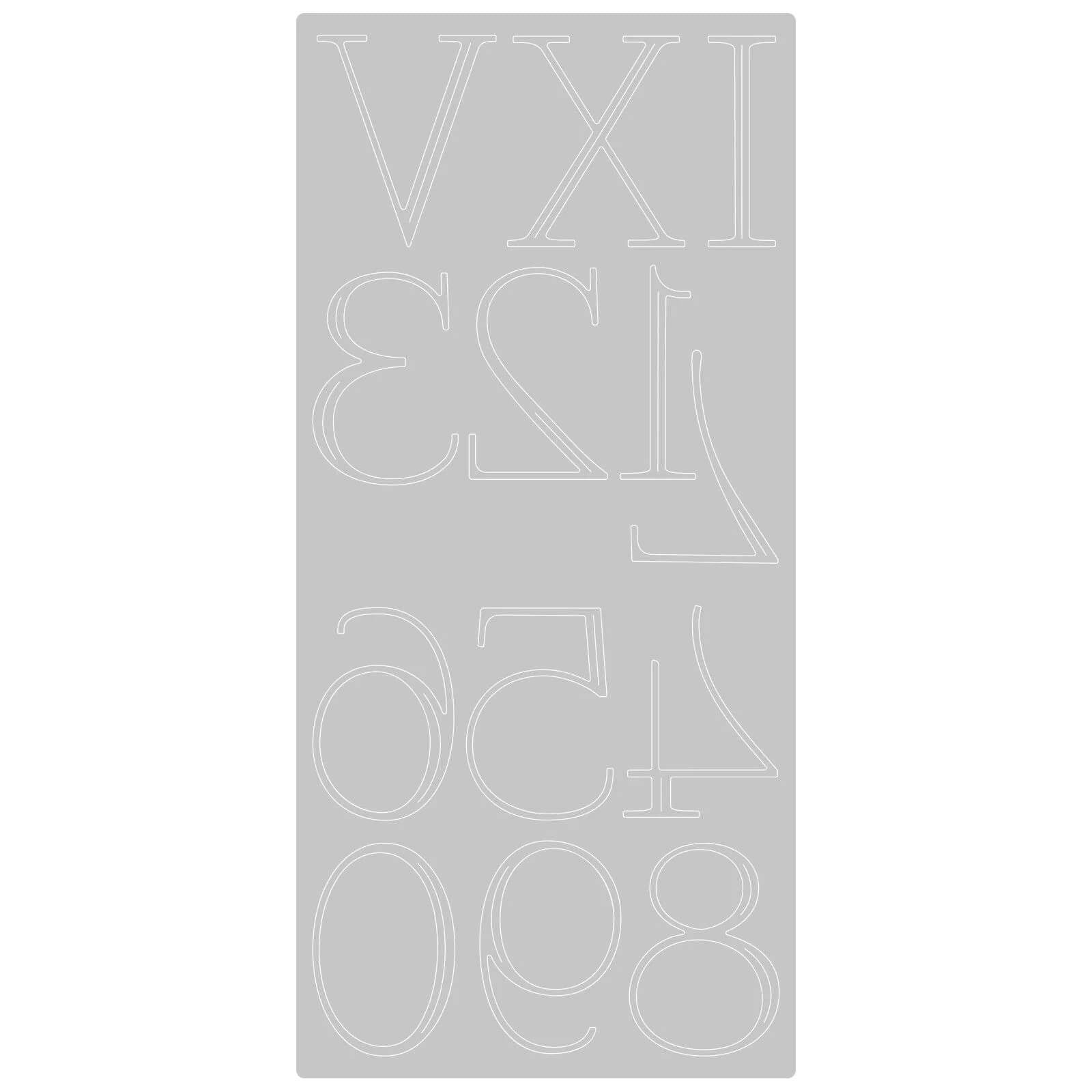 Die Sizzix 666444 Thinlits Stanzform Elegante Ziffern von Sizzix zeigt große graue ausgeschnittene Ziffern 0-9 und auf dem Kopf stehende römische Ziffern VI und IX, perfekt für die Kartengestaltung oder Scrapbooking.