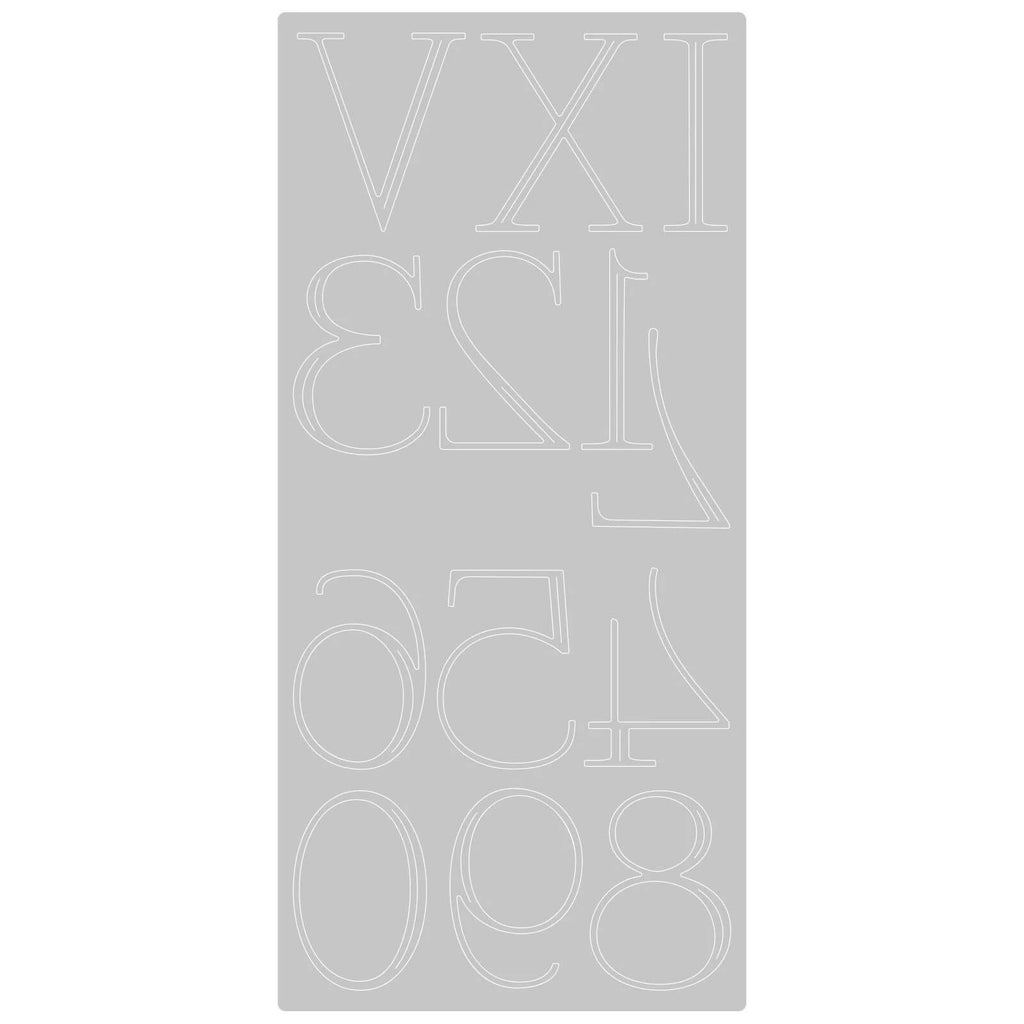Ein eleganter weißer Hintergrund mit Sizzix • Thinlits Die Elegant Numerals darauf.