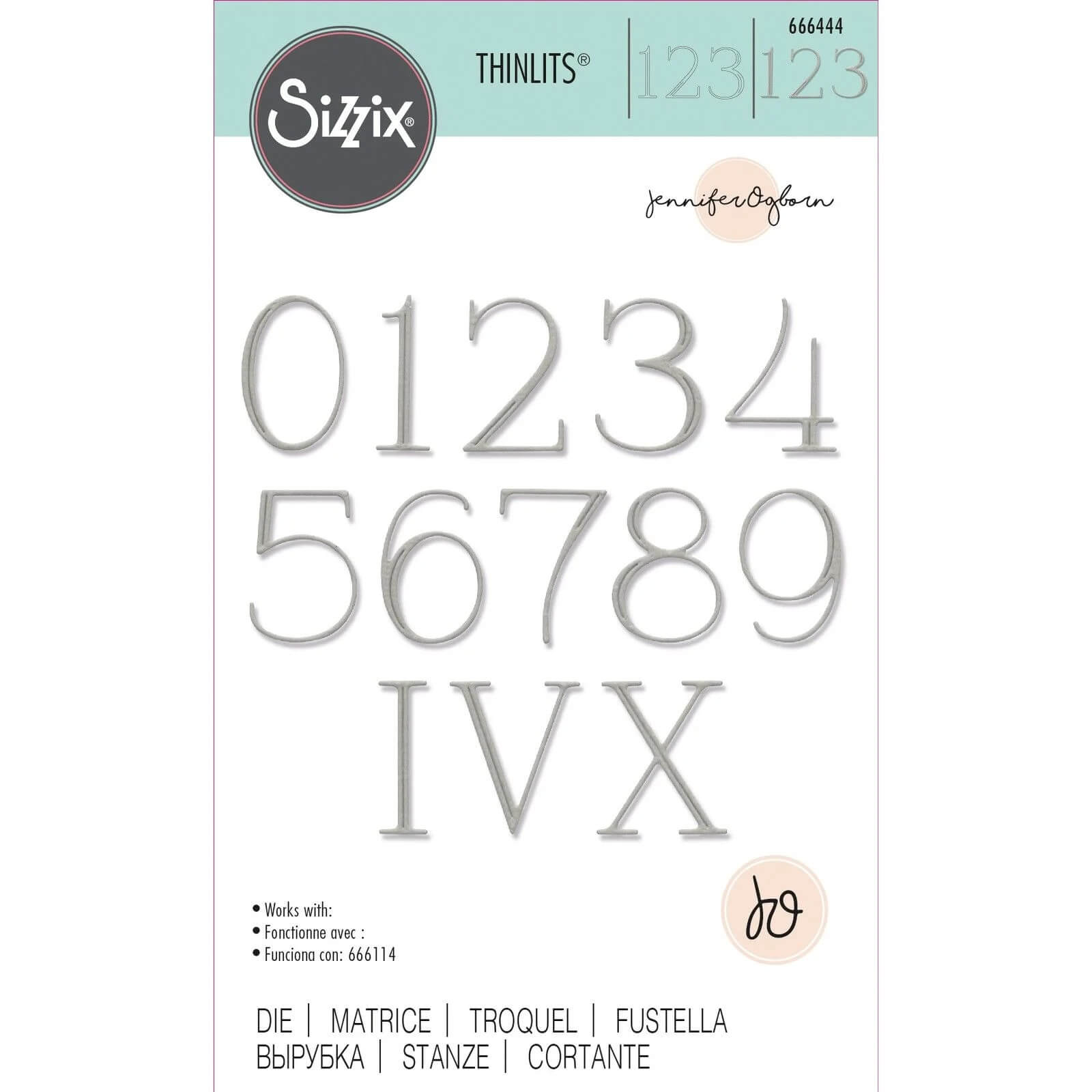 Sizzix 666444 Thinlits Die Elegant Numerals von Sizzix: Stanzformen mit Zahlen 0-9 und römischen Ziffern IV & X im Metallic-Stil auf Weiß - perfekt für Scrapbooking und Kartenherstellung.