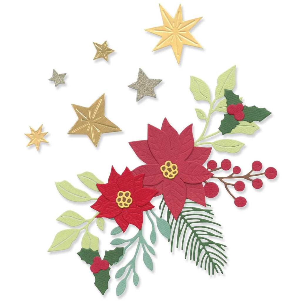 Weihnachtssterne und Stechpalme auf weißem Hintergrund mit Sizzix • Thinlits Die Set Festive Foliage.