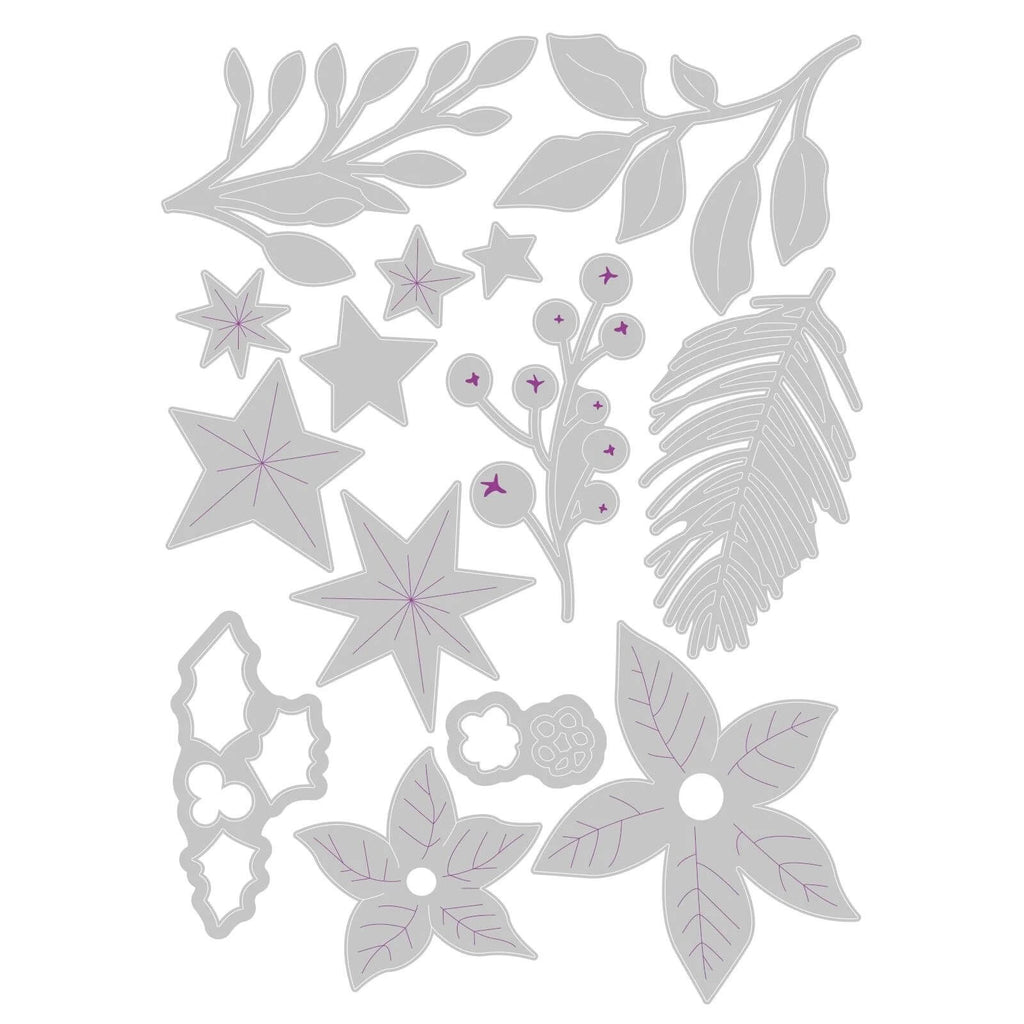 Ein Satz Sizzix • Thinlits Die Set Festive Foliage mit verschiedenen Blumen und Blättern, perfekt für weihnachtliche Papierbasteleien.