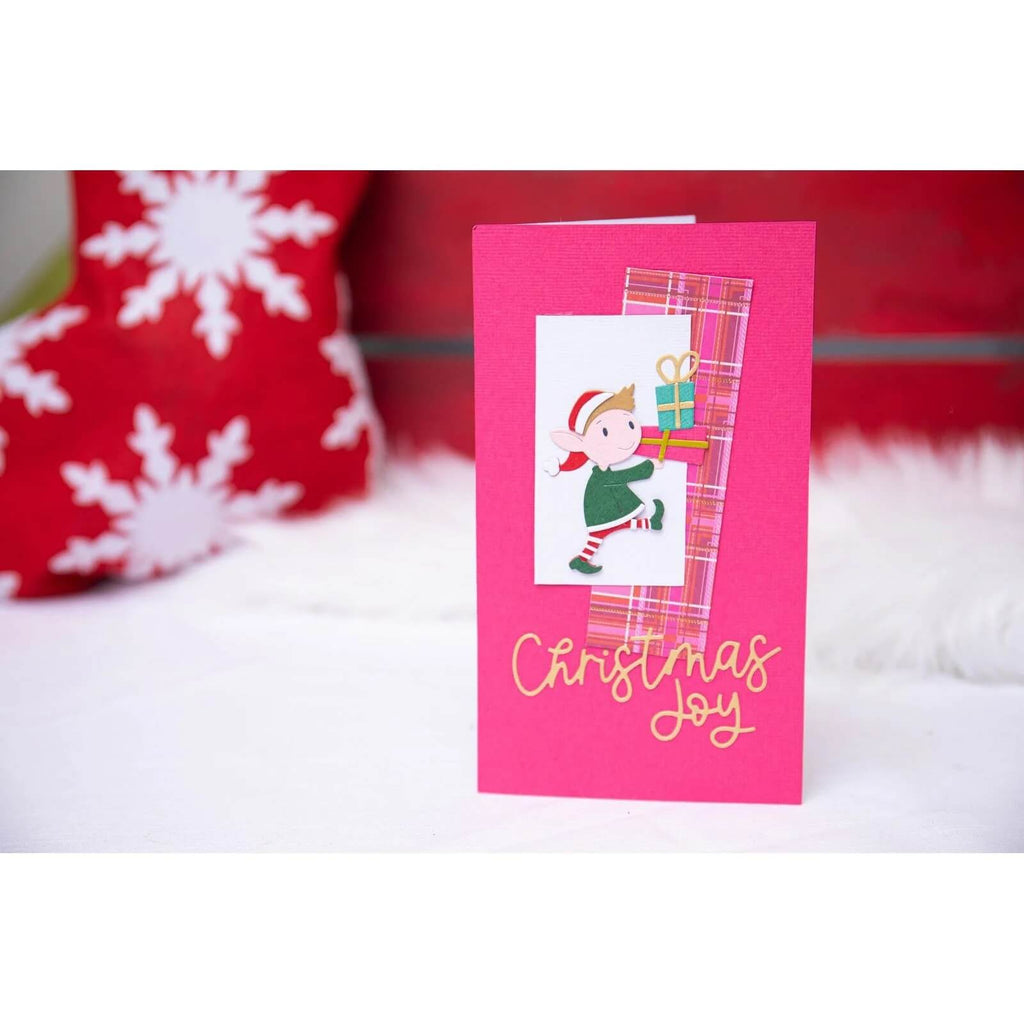 Eine rosa Weihnachtskarte, verziert mit einem niedlichen Bild einer Elfe, hergestellt mit Sizzix • Thinlits Die Set Santa & Elves für einen festlichen Hauch von Weihnachten.