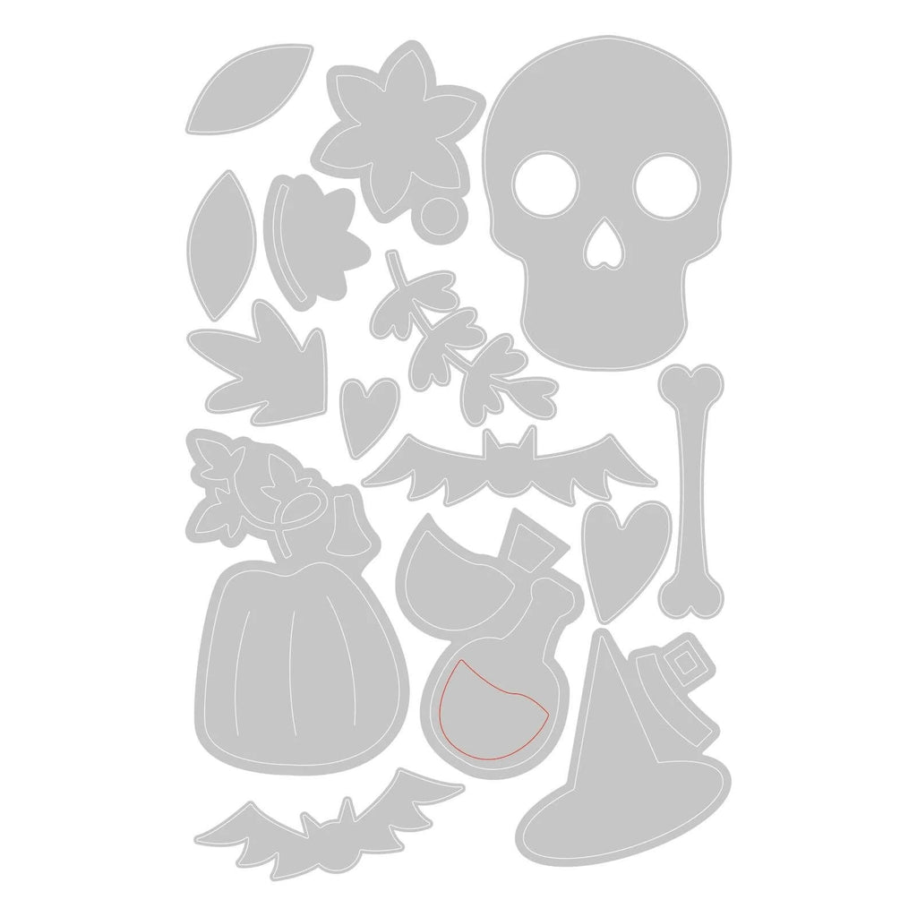 Ein Sizzix • Thinlits Die Set „Gruselige Symbole“ mit Halloween-Symbolen wie Totenköpfen, Kürbissen und Blättern.