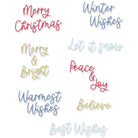 Verleihen Sie Ihren Karten ein festliches Flair mit den Sizzix 666457 Thinlits Variety Sentiments #2 mit verschiedenen Weihnachtsgrüßen in handschriftlichen Schriftarten und Farben, perfekt für Kartengestaltung und Weihnachtsprojekte von Sizzix.