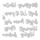 Graue, handgeschriebene, gespiegelte Sprüche auf Weiß, ideal für die Weihnachtskartengestaltung mit den Sizzix 666457 Thinlits Variety Sentiments #2 von Sizzix. Enthält "Weihnachtswünsche", "Lass es am besten schneien" und mehr für die kreative Kartengestaltung.